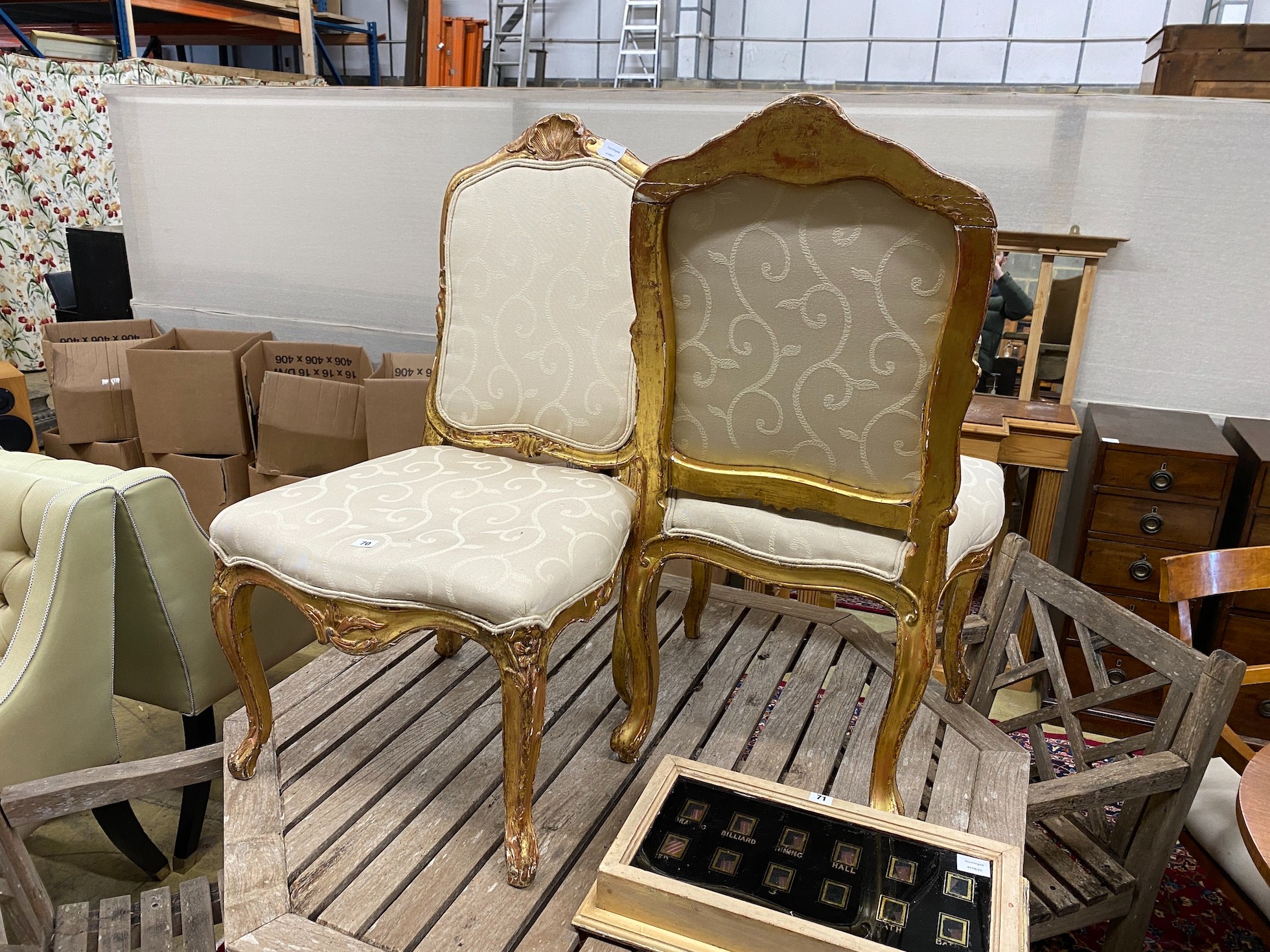 A pair of 19th century French carved giltwood salon chairs, width 54cm, depth 50cm, height 101cm